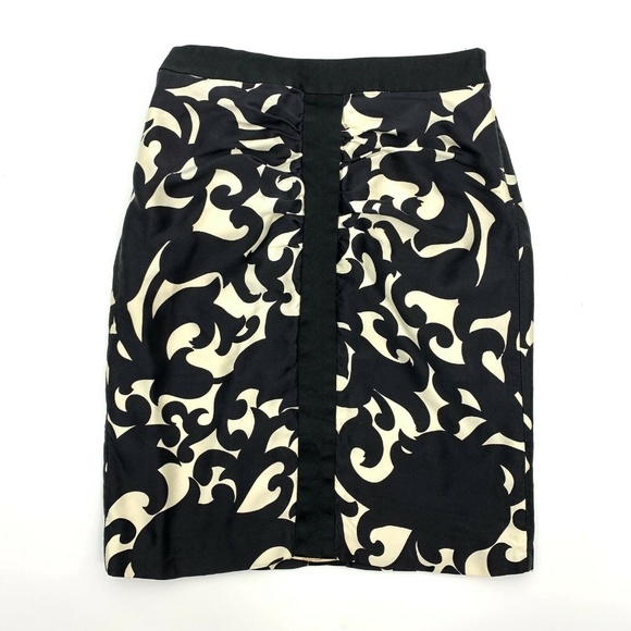 Milly New York 100% Silk Skirt Black Beige Satin Printed Pencil